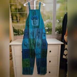 Blue and Green Patterned Women's Overalls